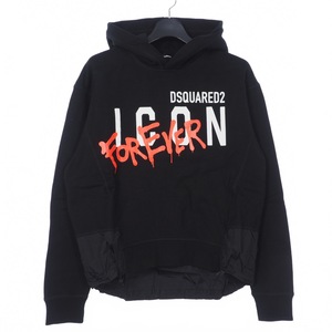 未使用品 ディースクエアード DSQUARED2 22SS ICON FOREVER Hoodie アイコンロゴ フーディ プルオーバー パーカー ナイロン切替 XS 黒