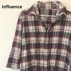 Influence インフルエンス チェック柄 七分袖 シャツ レッド系 L