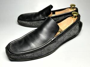 【即決】GUCCI グッチ メンズ 24.5cm程度 39 ロゴ スリッポン デニム 黒 ブラック 本革 革靴 レザー キャンバス カジュアル