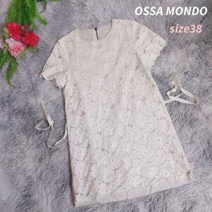 OSSA MONDO 花柄レース&背面リネン・半袖チュニックワンピース 表記サイズ38 M オフホワイトと生成りの中間くらい 82203