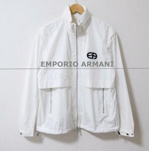 美品 EMPORIO ARMANI エンポリオアルマーニ サイズ50 ロゴ 撥水 防風 2WAY フード ジップアップ ブルゾン ナイロンジャケット オフホワイト