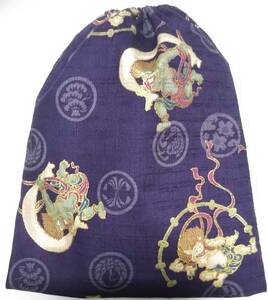 巾着袋◆風神雷神　紫【約よこ23cm×たて28cm】　木綿　日本製生地　ドビー織　和柄　