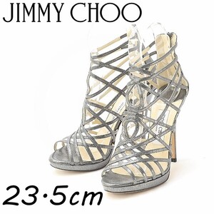 ◆JIMMY CHOO ジミーチュウ ラメ レザー オープントゥ ハイヒール サンダル ダークシルバー 37