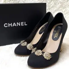 【極美品】 CHANEL パンプス ラインストーン BLK/GLD カメリア