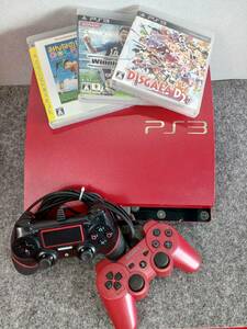 13885-04★SONY/ソニー PS3 PlayStation3 CECH-3000B 本体 コントローラー + ソフト3点おまとめセット レッド系★