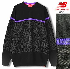 〓K156新品【メンズ5（L）サイズ】総柄　ニューバランスゴルフ　クルーネックニットセーター　　ハイドアウトタイポグラフィ 定価16,500円