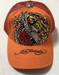 【新品未使用、正規品、本物】 Ed Hardy エド・ハーディー タイガー 刺繍 キャップ ラインストーン オレンジ色