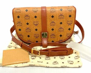 MCM　エムシーエム　斜め掛け ショルダーバッグ　ロゴ　ゴールド金具　キャメル ブラウン　手鏡 ＆ 保存袋付き　ヴィンテージ バッグ