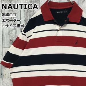 NAUTICA ノーティカ 太ボーダー 刺繍ロゴ L相当 紺×白×赤 半袖ポロシャツ 鹿の子 半袖ポロ 90s ヴィンテージ