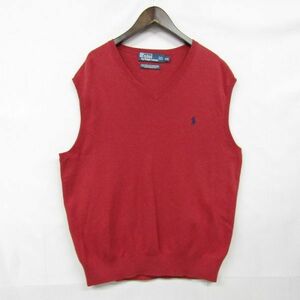 サイズ L Polo Ralph Lauren コットン ニット ベスト セーター Vネック レッド 赤 ポロ ラルフ ローレン 古着 ビンテージ 3O2002