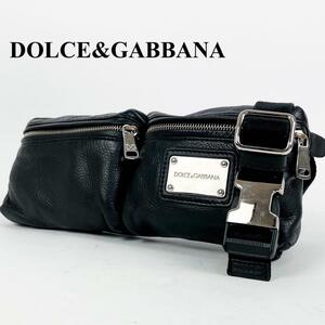 極美品 DOLCE&GABBANA ドルガバ ドルチェアンドガッバーナ ウエストポーチ ボディバッグ 肩掛け 斜め掛け レザー 黒 ブラック メンズ