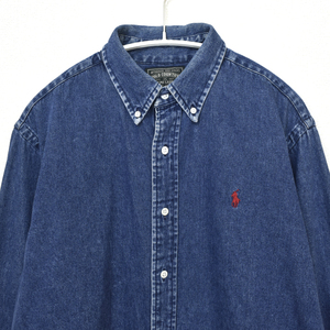 良好 色濃 90s ビンテージ USA製 POLO COUNTRY ポロカントリー デニム ボタンダウン シャツ size.L ラルフローレン 初期 RRL