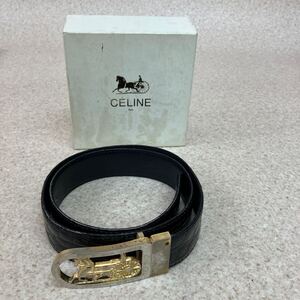 Z2077 正規品 CELINE セリーヌ レザー 馬車金具 ゴールド金具 ベルト黒 全長約95cm バックル含む イタリア製