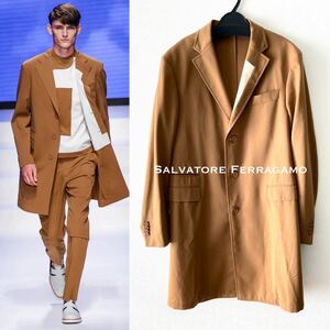 2014.15 SS 国内正規美品■Salvatore Ferragamo/フェラガモ ジャケット・チェスターコート_春夏/ロング・ブラウン・刺繍/ガンチーニ 48