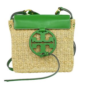 本物 トリー バーチ TORY BURCH ストロー レザー ショルダーバッグ ポシェット ベージュ グリーン