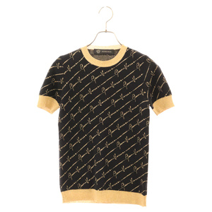 ヴェルサーチ 19SS Jersey lam? jacquard GV Signature Negro 総柄 ジャガー ニット セーター 半袖Tシャツ A85709 ゴールド/ブラック