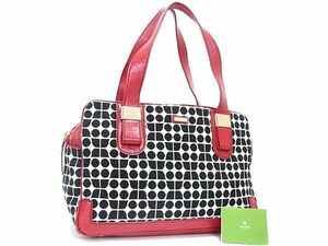 1円 kate spade ケイトスペード キャンバス×パテントレザー ハンドバッグ レディース ホワイト系×ブラック系×レッド系 AZ4731