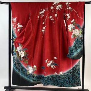 振袖 身丈153cm 裄丈65cm M 袷 草花 扇 金通し 金彩 赤 正絹 美品 秀品 【中古】