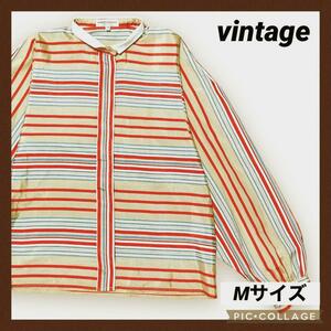 vintage ポリシャツ 長袖シャツ 柄シャツ M 古着 ボーダー 英国製 レディース 送料無料 隠しボタン アースカラー 長袖ブラウス ポリシャツ