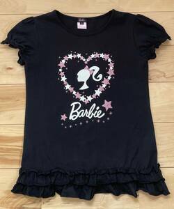 美品【バービー Barbie】150 160（２）パフスリーブ　半袖カットソー　Tシャツ　ハート　ラメロゴフリルラインストーン　黒　キッズL