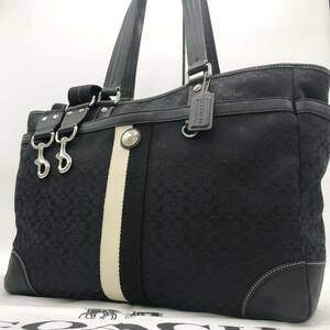 1円【極美品】COACH コーチ 2way ビジネス トートバッグ メンズ シグネチャー 大容量 A4/PC可 斜め掛け 多機能ポケット 黒 ブラック レザー