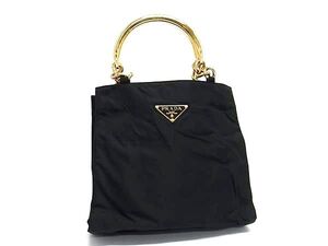 1円 ■美品■ PRADA プラダ テスートナイロン ハンドバッグ トートバッグ レディース ブラック系×ゴールド系 BJ6450