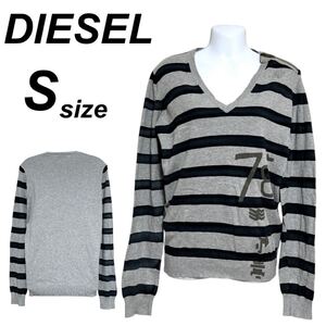 DIESEL ディーゼル レディース 長袖ニットカットソー S 綿 ボーダー Vネック グレー×ブラック系 (A7)★