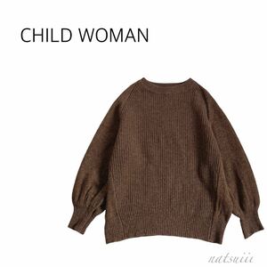 CHILD WOMAN チャイルドウーマン . 畦編み 切り替え リブ ボリュームスリーブ ぽわん袖 ニュアンス プルオーバー ニット 送料無料