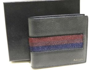 美品 Paul Smith ポールスミス 2つ折り コンパクト 財布 ☆ ブラック レザー × キャンバス AUPC 4833 W885 メンズ ▼6K