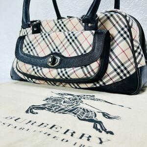 【1円】美品 BURBERRY バーバリー ミニボストン ハンドバッグ ノバチェック ターンロック レザー キャンバス ベージュ ブラック 黒 保存袋