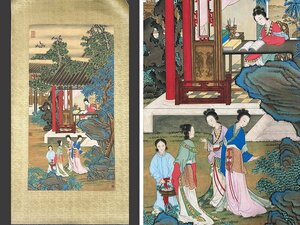 【安】中国明時代画家「仇英書」絹本「宮廷仕女図鏡心 未表装」掛軸 巻き物 中国画 墨寶妙品 中国書道 古美味 古美術 330