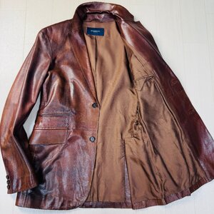 良品/46 M-L相当★バーバリー/BURBERRY イタリア製 羊革 ラムレザー ジャケット テーラード シングル ブレザー 艶光沢 ロゴ総柄 メンズ 茶