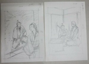 直筆画】鴇田幹 歴史・時代小説 挿絵用ラフ原画2枚一括 5/検;時代劇武士剣豪殺陣乗馬真筆真作肉筆雑誌画稿漫画劇画剣劇江戸庶民風俗