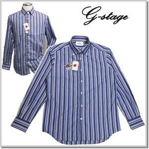 ジーステージ G-stage 日本製イタリア生地ストライプ柄ボタンダウン長袖シャツ 210670-BLUE-46(M) GALLIPOLI camiceria