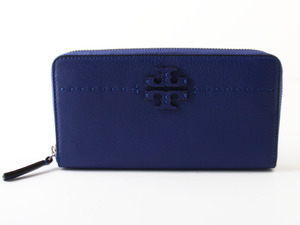 E22882 新品未使用 TORY BURCH トリーバーチ 長財布 ラウンドファスナー ブルー 青 レザー 41847 ダブルT 札入れ ロングウォレット