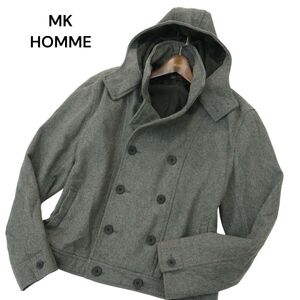 MK HOMME ミッシェルクラン オム 秋冬★ メルトン ウール★ フーディー ショート Pコート ジャケット Sz.51 メンズ 灰　A4T13636_C#N