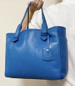 希少色●極美品●ロエベ LOEWE トートバッグ ハンドバッグ メンズ ビジネス 大容量 A4 書類かばん レザー 本革 青 ブルー ロゴ型押し 金具