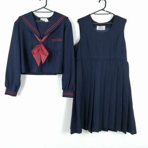 1円 セーラー服 ジャンパースカート スカーフ 上下3点セット 大きいサイズ 特大 冬物 赤2本線 女子 熊本花陵中学 紺 中古 ランクB NA8186