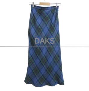 美品 DAKS ダックス サイズ64-91 マドラスチェック柄 リネン100％ マキシ丈 マーメイドスカート ロングスカート 青 ブルー系