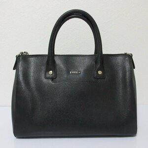 美品 FURLA フルラ リンダ サッチェル レザー 2WAY トートバッグ ショルダーバッグ 787811 ブラック×ゴールド金具 ◆