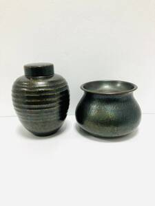 H1-069【玉川堂 茶壺 建水 2点 まとめ】茶器 茶道具 煎茶道具 銅製 骨董 工芸品 鎚起銅器 無形文化財 人間国宝 レトロ 1円出品 1円スタート