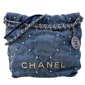 シャネル CHANEL CHANEL22 ミニハンドバッグ AS3980 ブルー　シルバー金具 デニム・スタッズ ショルダーバッグ レディース 中古