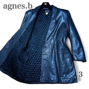 【希少 大きいサイズ】agnes.b アニエスベー レザージャケット 羊革 黒 ラムレザーコート テーラード ダブル 3 LL