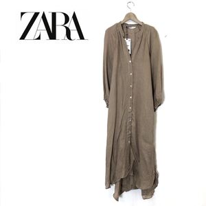 1K1494-O-N◆タグ付き美品◆ ZARA ザラ リネンワンピース ロング 長袖 スキッパー シャツ◆sizeXS 麻 ベージュ