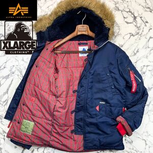 定価4.9万/美品 S(S~M位) 別注●アルファ ALPHA × エクストララージ X-LARGE N-3B ファー着脱 チェック柄 フライトジャケット ネイビー 紺