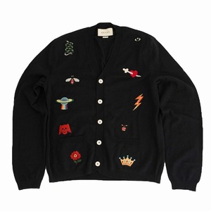 美品 GUCCI グッチ エンブロイダリー ロゴ刺繍 ニットカーディガン トップス 長袖 ダークネイビー サイズL メンズ 525887 X9V55 /TNT