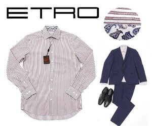 7万新品◆40=M～L◆エトロ◆ストライプ柄 イタリア製 シルクブレンドコットンシャツ くすみピンク×白【ETRO】1円