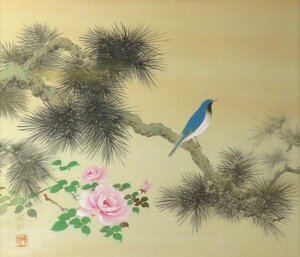 ◆◇掛軸 寺田晴観 不老長春(老松に薔薇) 尺八横 hanging scroll◇◆早春 春 花鳥画 日本画 JY1883