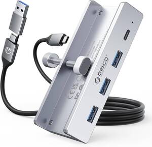 ORICO USB C ハブ クランプ 固定 usb hub 3.0 4ポート 5Gbps高速転送 USB-C 給電ポート付き（5V/3A）　シルバー 【管理番号：O117】