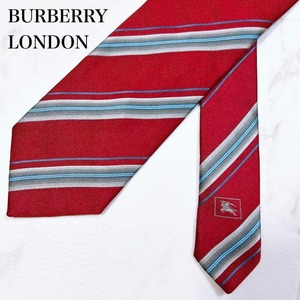 ◇ BURBERRY LONDON バーバリーロンドン ネクタイ シルク シルクネクタイ イタリア 総柄 ロゴ アラ商事 ストライプ レッド 赤 メンズ